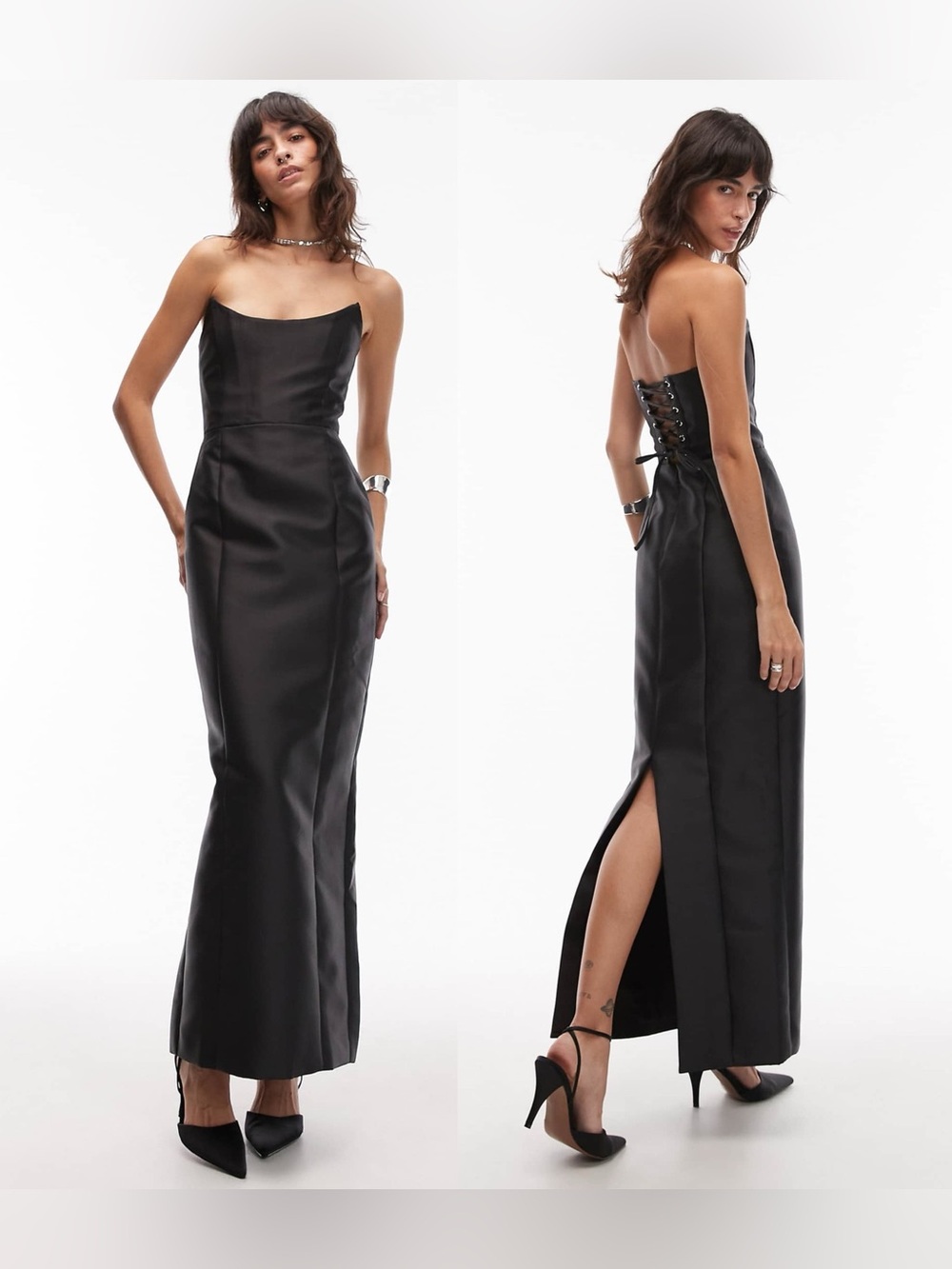 Heiress Beverly Hills Structured Satin Corset Lace Up Back Maxi Dress in Black